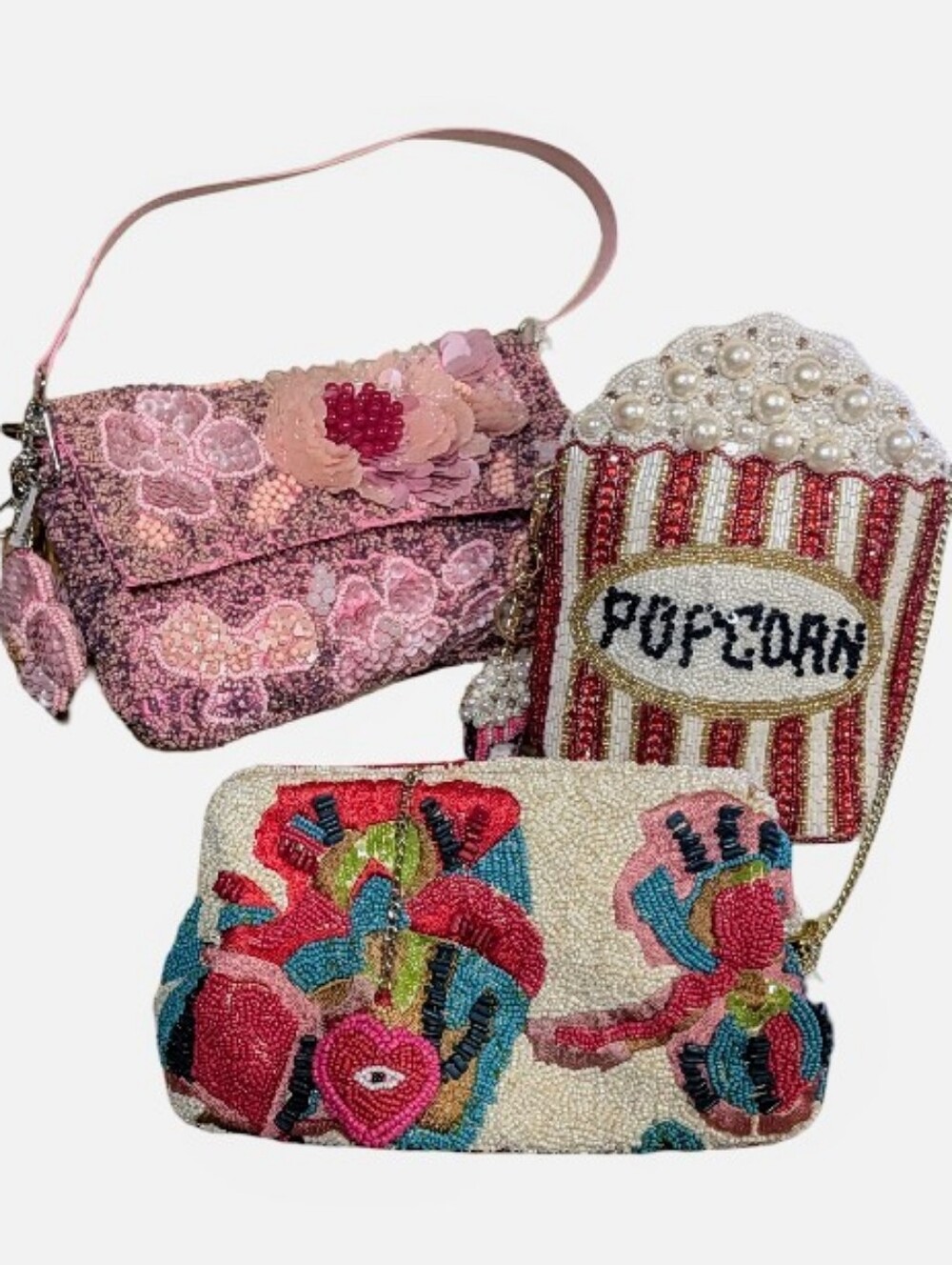 RESERVED***Hand Beaded Purses + Bag Charms 6pc Lot; Floral, Abstract